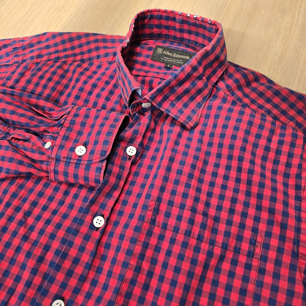 Allen Edmonds Mens Large Red Navy Blue Gingham Check Cotton Button Down Shirt